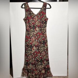 Vintage Meghan Matthers Floral Black and Red Midi Dress sz 10